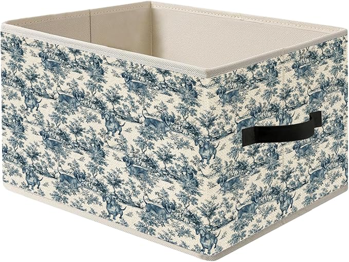 Blue and White Chinoiserie Botanical Dachshund Storage Bin Box with Handles, French Country Weiner Doxie Dog Foldable Organizer Basket Toybox for Home Bedroom Bathroom Clothes Toys Books