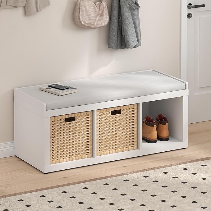 Furinno Cubicle Storage Bench, Shoe Bench with Padded Seat Cushion, 3-Cube Open Shelves Entryway Bench, for Closet, Entryway, Living Room, White