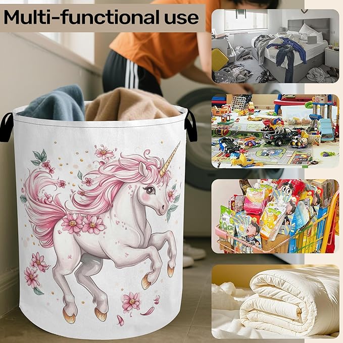 Unicorn Pink Foldable Canvas Laundry Basket with Handles - Toy Organizer, Heavy Duty for Home，Bedroom, Dorm, Bathroom