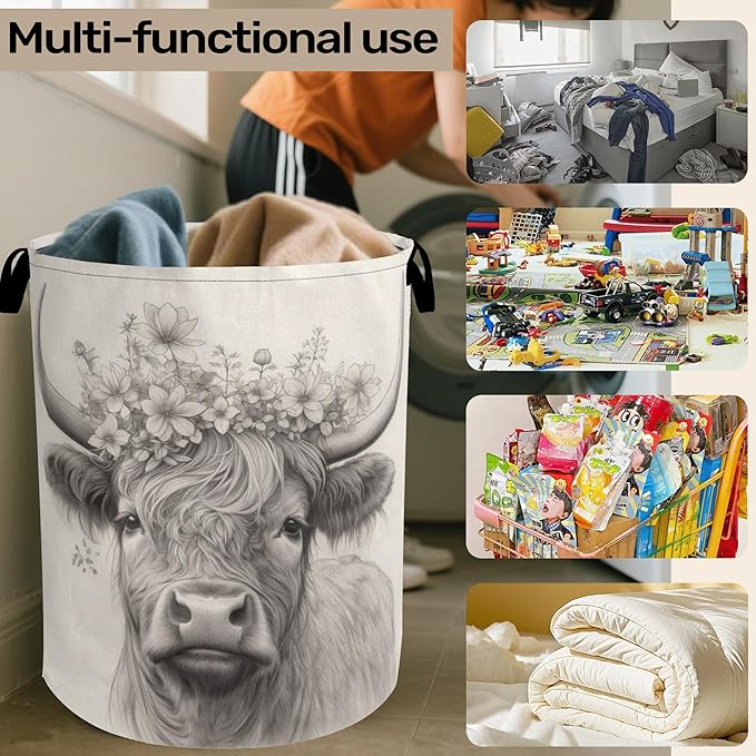 Highland Cow Foldable Laundry Hamper - Waterproof Fabric Storage Basket with Handles, Clothes Hampers for Laundry,Bedroom,Dorm
