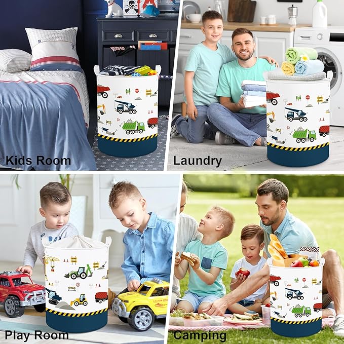 Clastyle Large Construction Truck Kid Laundry Hamper with Handle Boy Bedroom Bathroom Nursery Collapsible Clothes Toy Storage Basket with Lid, Blue Vehicle, 40x50 cm