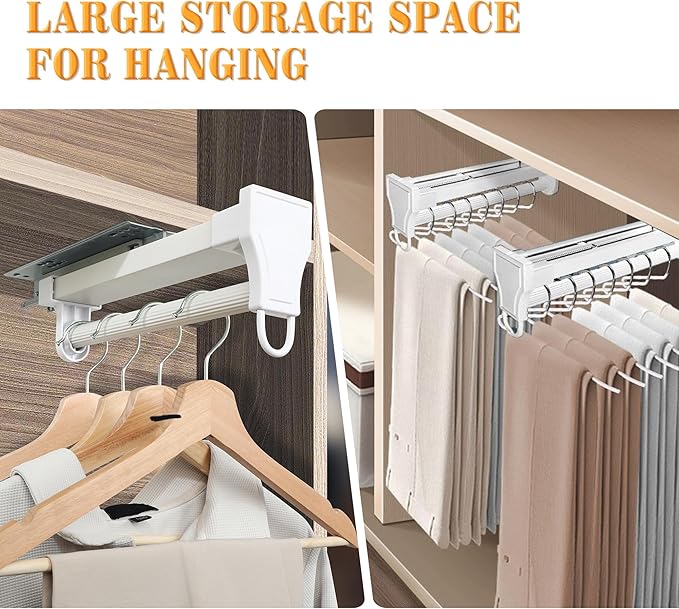 Alise Pull Out Clothes Hanger Rack for Closet,Heavy Duty Closet Rod with Automatic Soft-Close Mechanism for Closets,16 inch Closet Pull Out Metal Rod Organizer Hangers for Coats Pant Hanger,White