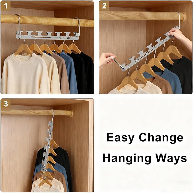 3 Pack Space Saver Hangers for Clothes, 6 Holes Expandable to 9 Holes 304 Stainless Steel Heavy Duty Multi Hangers Space Saving for Closet Bedroom Dormitory RV Outdoors