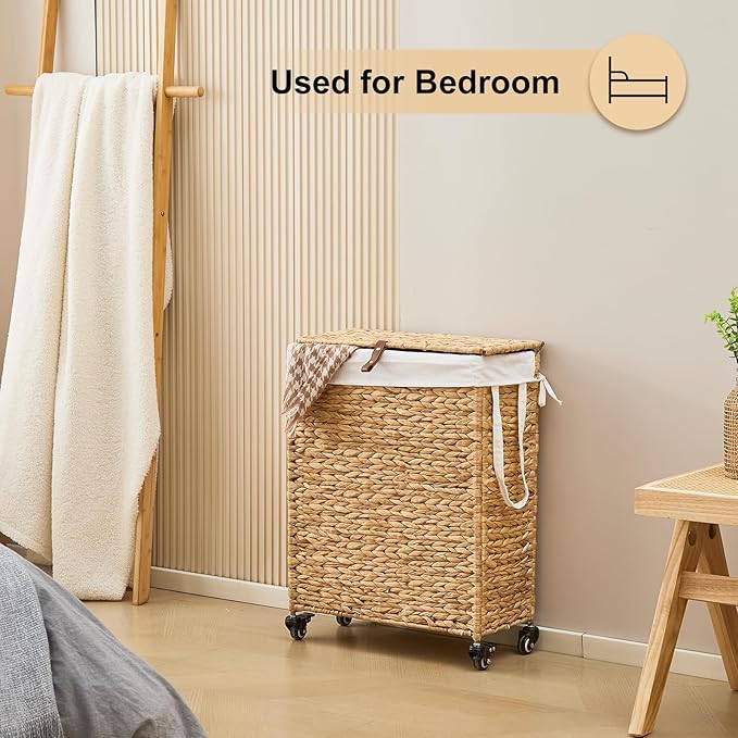 Rolling Laundry Hamper with Lid and Wheels, Slim Laundry Basket with Removable Liner Bag & 2 Mesh Bags, Handwoven Water Hyacinth Clothes Hamper for Bedroom Bathroom (Natural, 65L)