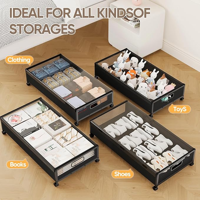 Under Bed Storage Containers with Wheels, 80L Extra-large Underbed Shoe Storage Organizer 2 Pack with Removable Lids, Large Rolling Under Bed Storage Dresser Drawers for Clothes Shoes Blankets