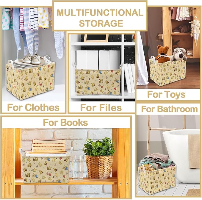 Winnie Nursery Hampers with Handles, the Pooh Nursery Storage Basket, Classic Winnie Baby Nursery Hamper Decor, Foldable and Waterproof Canvas Organizers for Toys Clothes Bedroom Bathroom