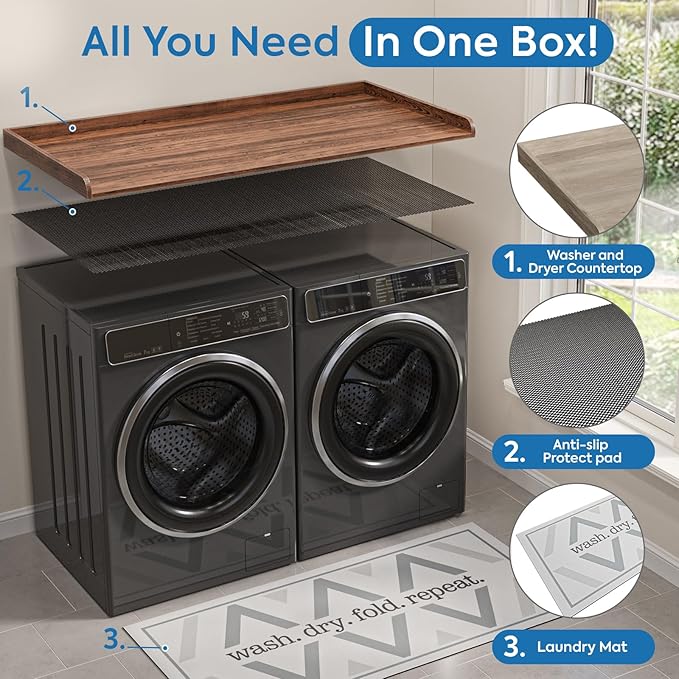 Washer and Dryer Countertop 54" x 27.5" with Heat-Resistant Ironing Mat, Laundry Room Folding Table for Front Load Machines, Non-Slip Pads Included, Scratch-Proof Laundry Topper, Walnut