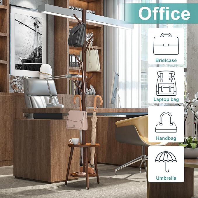 Coat Rack, Bamboo Wood Coat Freestanding with Umbrella Holder, Adjustable Height Coat Stand with 8 Hooks, kids coat rack, Used In The Bedroom Living Room, Office To Hang Clothes, Hats, Bags (Brown)