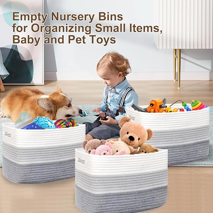 Laundry Basket with handle - 21"×17"×12" Rectangle woven Cotton Rope blanket basket,storage basket for Blankets,Baby Toys & Clothes (Fits Bathroom,Nursery, bedroom,Living Room) (Gradient Grey)