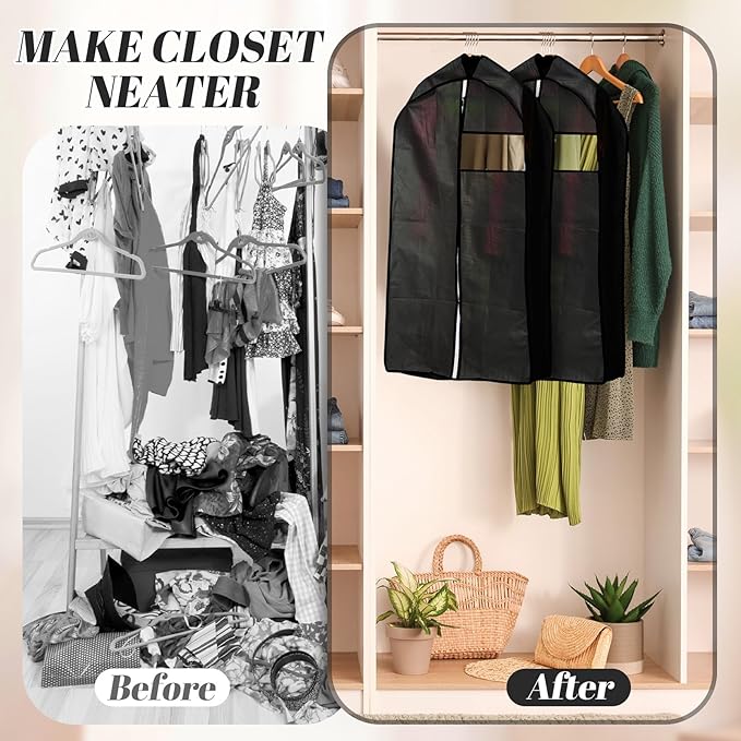 2 Pcs 10" Gusseted Garment Bags for Hanging Clothes Dress Bags for Gowns Long Closet Waterproof Garment Covers Wedding Dress Cover Traveling Clothes Protector (Black,43 Inch)