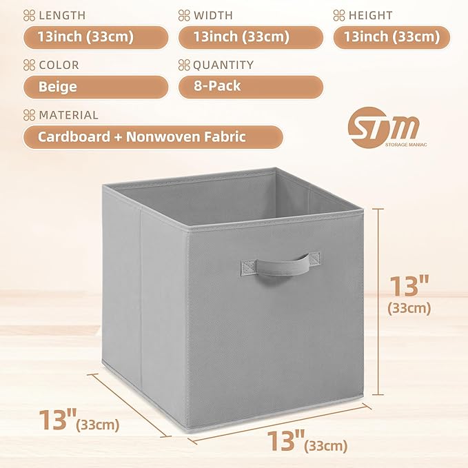 STORAGE MANIAC Storage Cubes, 13 Inch Collapsible Storage Bins with Handles, 8 Pack Fabric Foldable Bins for Organization, Durable Storage Bins for Closet, Shelves, Offices, Toys, 8-Pack Grey