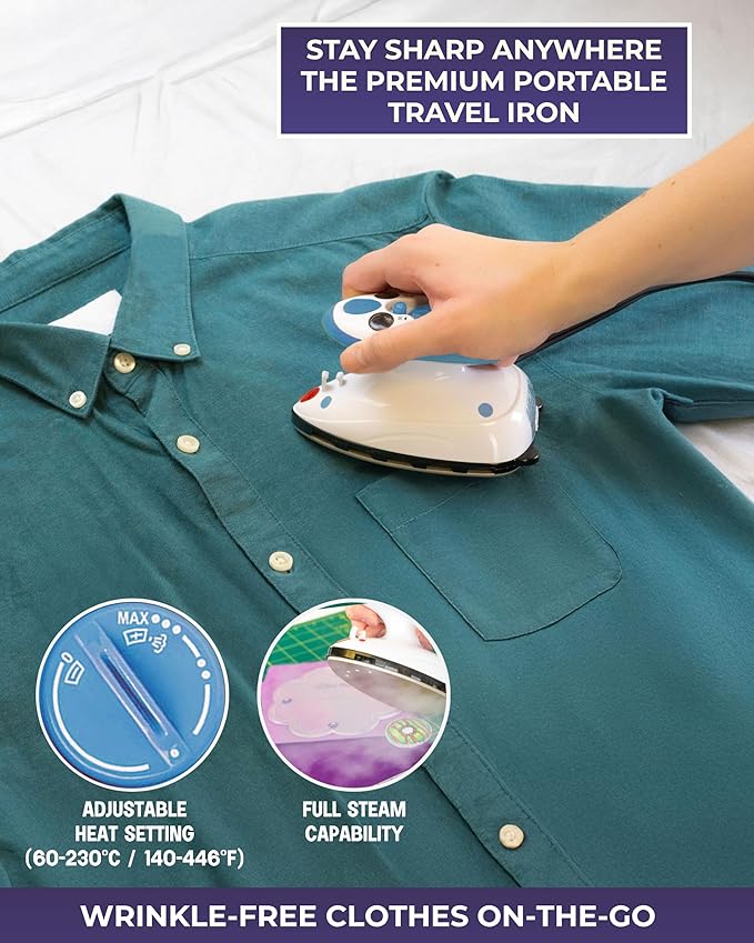 The Quilted Bear Premium Mini Steam Iron - Lightweight Mini Travel Iron for Effortless Quilting & Wrinkle-Free Clothes with Carry Case & Iron Rest Set - Travel Steamer for Clothes & Crafts (Blue)