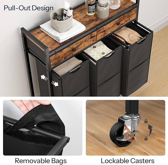 HOOBRO Laundry Sorter 3 Section, 130L Laundry Hamper with 2 Drawers, Rolling Laundry Basket, Pull-Out and Removable Laundry Bags for Laundry Room Organization, Rustic Brown and Black BF78XY01