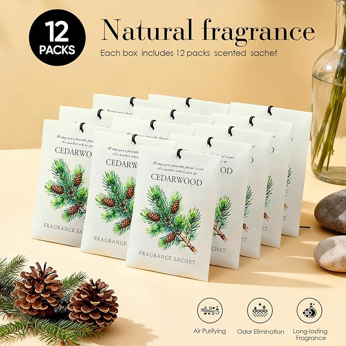 Cedarwood Scented Sachet Bags - 12 Pack Closet & Drawer Freshener, Long Lasting Odor Eliminator for Wardrobes, Cars & Storage, Home Fragrance Air Freshener Sachets