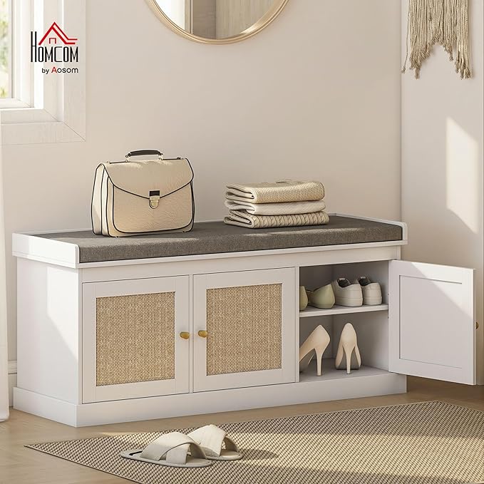 HOMCOM Shoe Bench with Woven Rattan Doors, Shoe Storage Bench with Cushion, Adjustable Shelves for 9 Pairs, Boho Style Entryway Bench for Bedroom, Living Room, 13.8 x 41.3 x 18.5 Inches, White