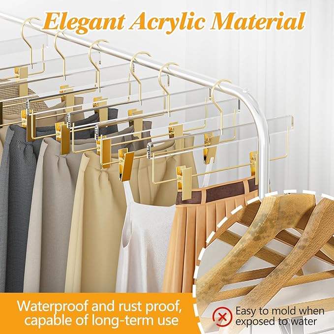 Acrylic Gold Pants Hangers 30 Pack for Trousers, Jeans, Coats, Heavy Duty Skirt Hangers for Women, Space-Saving Clothes Organizer with Non-Slip Adjustable Clips, Adults & Kids