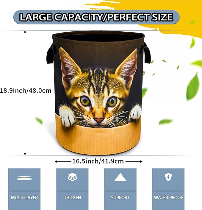 Cute Cat Laundry Basket Pet Animal Foldable Waterproof Oxford Cloth Funny Tote Bag Laundry Hamper Clothes Storage Bucket Toy Organizer For Bathroom/Laundry Storage/Bedroom 18.9x16.5 Inch