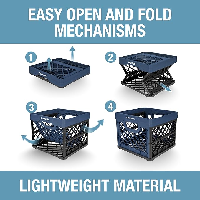 CleverMade Collapsible Milk Crate 25L (6.6 Gal) 3 Pack, 50 lb Heavy Duty Folding Crate – Stackable Storage Crates with File Rails, Plastic Collapsible Crates for Storage - Ocean