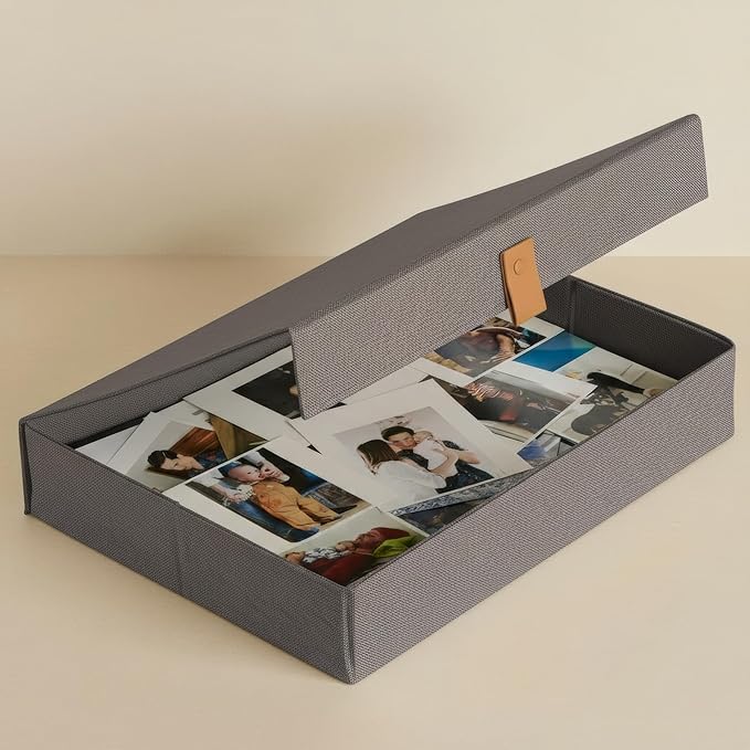 ZICOTO Decorative Photo Storage Box with Lid - A Beautiful Linen Organizer Perfect to Safely Store Your Pictures, Documents, Scrapbooking Supplies, Keepsakes and Other Memories in Style