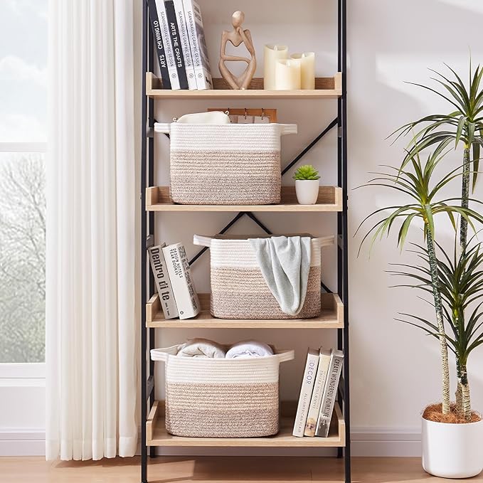 OIAHOMY Woven Storage Basket for Shelves, Rectangle Cotton Rope Baskets for Organizing, 13 x 10 x 9 in, Storage Bins for Dog Toys,Towel,Books,Gift, Gradient Brown