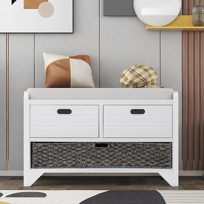 SOFTSEA Storage Bench with Drawers and Basket, Farmhouse Shoe Bench with Seating and Cushion for Hallway Entryway Living Room, Full Assembled (White Wash-2 Drawers)