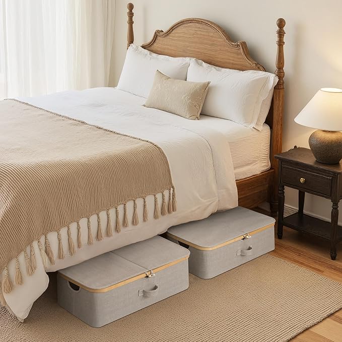 StorageWorks 2-Pack Underbed Storage Box with Bamboo Frame, 42L Flip-Top Under Bed Container for Blankets, Bed Sheets, Coverlets and Towels, Taupe