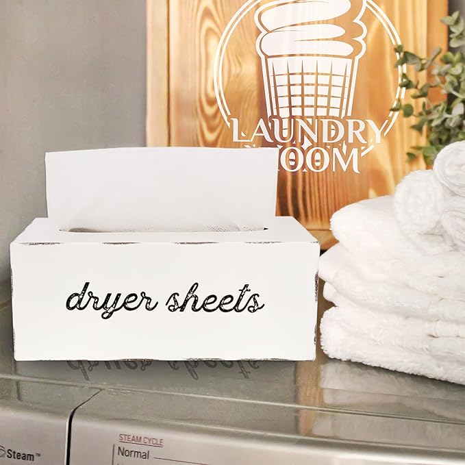 AuldHome Design Dryer Sheet Dispenser; Countertop Rustic White Fabric Softener Sheet Holder for Laundry Room