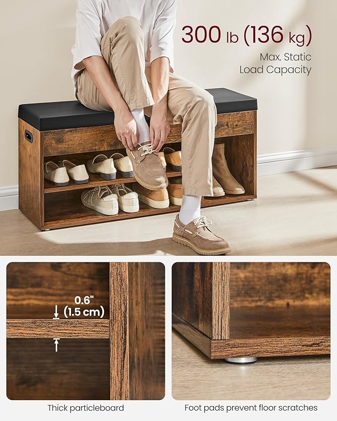 VASAGLE CUSTOS Collection - Storage Bench with Cushion, Shoe Bench, Padded Seat, Hidden Storage, Entryway, Hold up to 300 lb, 11.8 x 39.4 x 17.3 Inches, Rustic Brown and Ink Black ULHS130B01