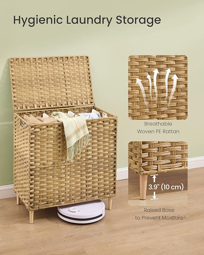 SONGMICS Laundry Hamper with Lid, 42.2 Gal. (160 L) PE Rattan Laundry Basket with Lid and Handles, Natural Material,Removable Machine Washable Liner, Goose Yellow ULCB223YE01