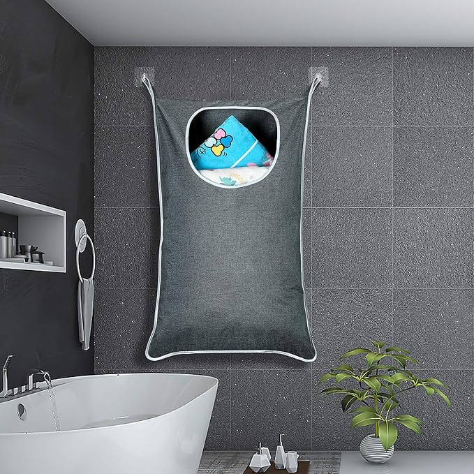 XL Hanging Laundry Hamper, Over the Door Laundry Hamper and Baskets, Wide Opening Hanging Laundry Bag,Hanging Hamper for Bathroom,Dorm,Laundry Room,Chirstmas Gifts（Grey).