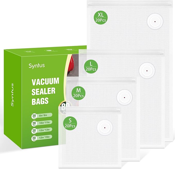 [2026 Upgraded] Syntus 80 Pcs Vacuum Sealer Bags for Food, Reusable BPA-Free Food Storage Bags for Sous Vide Microwave Heating, Air Valve Zipper Bags (20 Small+20 Medium+20 Large+20 Extra Large)