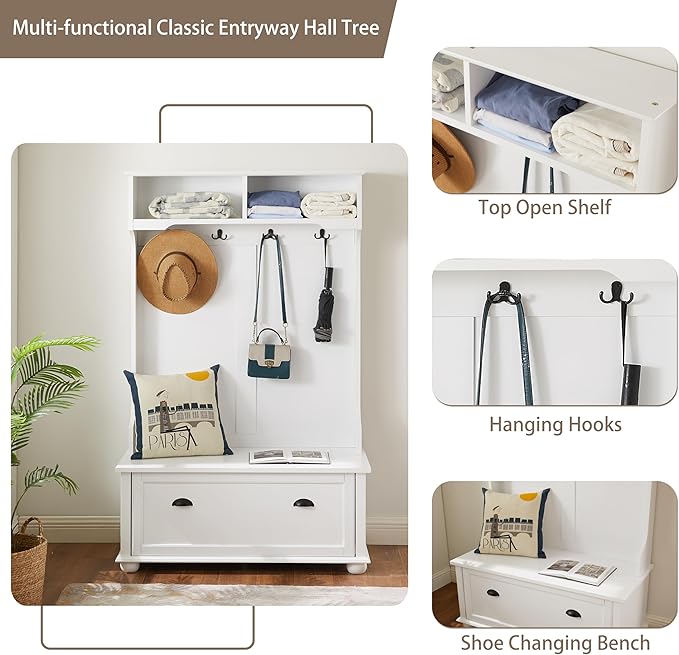 4-in-1 Design Hall Tree Coat Hanger with 4 Hooks and with Two Top Open Storage Shelves, Wood Entryway Coat Rack with Storage Bench for Entrance Hallway (White-3)