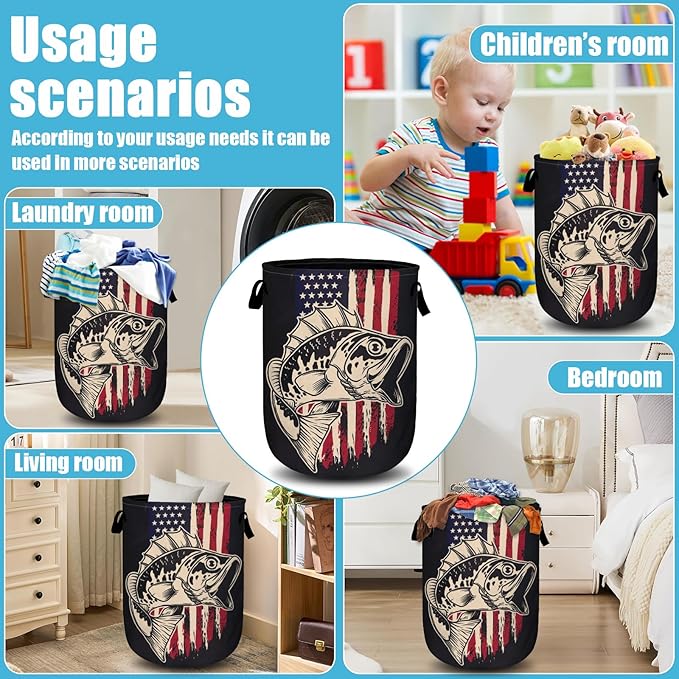 American Flag Bass Fish Laundry Basket, Laundry Hamper Collapsible Oxford Cloth with Handle Clothes Toy Storage Bin for Bathroom Laundry Room Bedroom 15.7 X 20 Inch