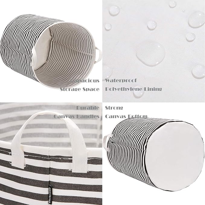 Sea Team 2-Pack 19.7 Inches Large Sized Waterproof Coating Ramie Cotton Fabric Folding Laundry Hamper Bucket Cylindric Burlap Canvas Storage Basket (19.7", Black & White Stripe)