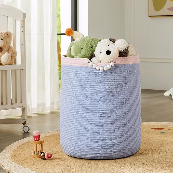 90L Large Blue Woven Rope Laundry Hamper Basket for Clohtes Boho Tall Rope Baskets for Blanket Baby Nursery Hamper for Girls Kids 17"Wide 22"Tall