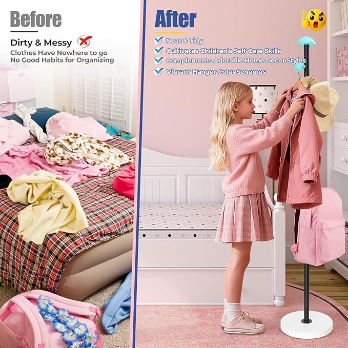 Heavy-Duty Kids Coat Rack - 6 Decorative Hooks, Easy to Assemble Metal Organizer - Tenant Friendly, Space Efficient for Coats, Hats, Bags in Children's Room