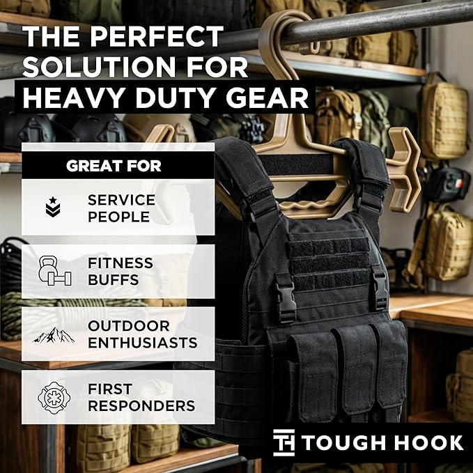 Original Tough Hook ID Heavy Duty Identification Hangers – The Superhero of Hangers USA Made,Anti-Slip Tactical Hanger for Police Gear,Scuba Gear, Dive BCD & Wetsuits 200-lb Cap with ID Strip 1 Tan