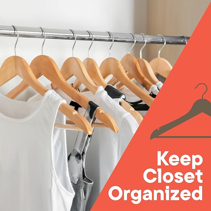Natural Wooden Hangers 50 Pack – Heavy-Duty with 360° Swivel Hook, Non-Slip, Pants Bar & Shoulder Grooves - Wooden Hangers for Suits, Jackets, Dresses & Camisoles, Space-Saving and Smooth Finish