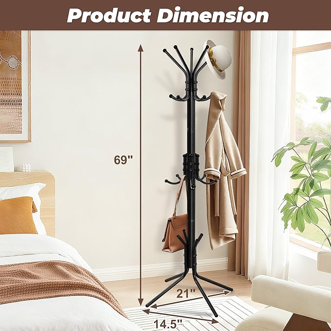 Metal Coat Rack, Freestanding Coat Tree & Hall Tree with 15 Hooks, Sturdy Coat Rack Stand and Hat Rack, Coat Hanger for Entryway, Bedroom, Office for Jackets, Hats, Bags,Black