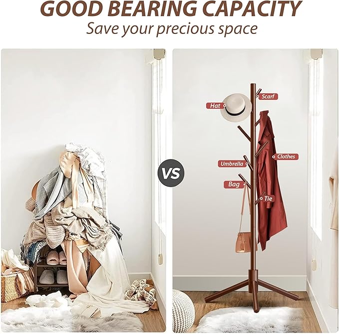 Durable Wooden Coat Rack, Freestanding Coat Rack with Stable Triangular Base, 8 Hooks & 3 Adjustable Heights, Simple Assembly for Bedroom, Hallway, Office(New Brown)