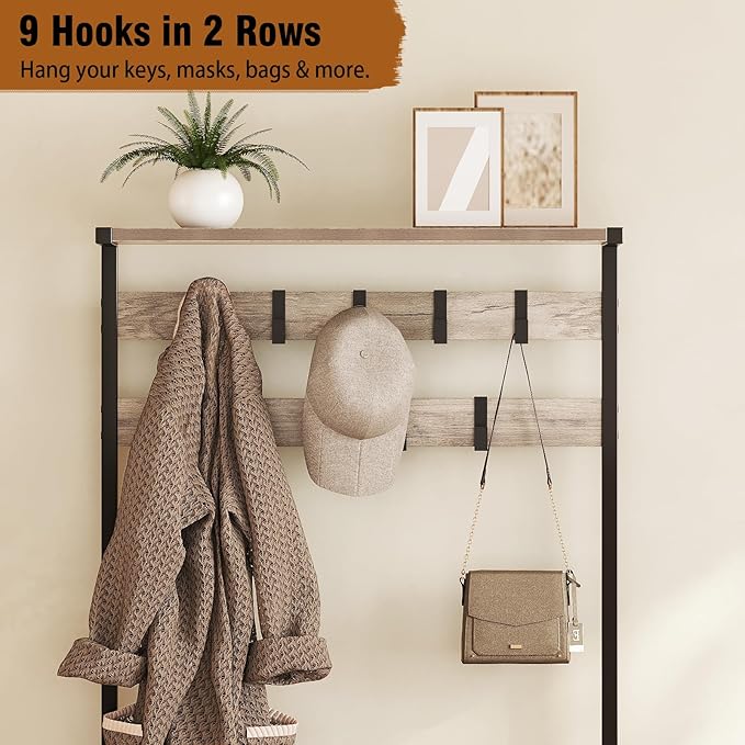 GiftGo Vintage Large 5-Tier Hall Tree with Console Table Entryway Coat Rack Floor Standing Shoes Rack Storage Shelf Organizer for Home Office Bedroom (Greige)