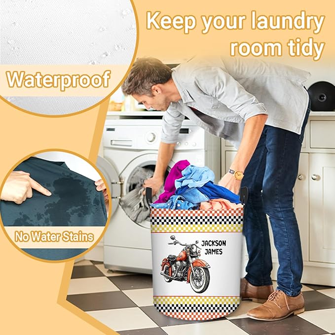 Personalized Motorcycle Laundry Basket, Custom Laundry Hamper With Name Gifts For Kids Baby Adults, Collapsible Dirty Clothes Storage Organizer With Handles S 16.5 X 13.8in