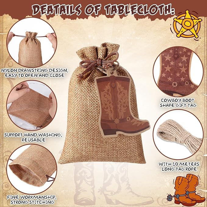 Mooliwe 50 Pcs Burlap Drawstring Bags with Boot Shape Tags, Western Cowgirl Gift Sacks Bulk 4 x 6 Inches Reusable Burlap Candy Pouch for Bachelorette Cowboy Baby Shower Wedding Party Favor(Brown)