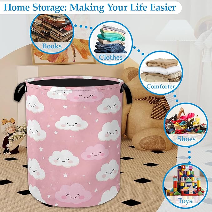 Pink Cloud Laundry Basket Oxford Cloth Laundry Hamper With Handle, Foldable Portable Clothes Storage Baskets for Bathroom, Bedroom, Dormitories 16" X 20.8"