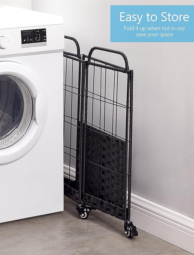 Heavy Duty Laundry Hamper with Lockable Rolling Wheels – Durable, Collapsible Laundry Basket Featuring Removable Liner Bag & Metal Handle (White)