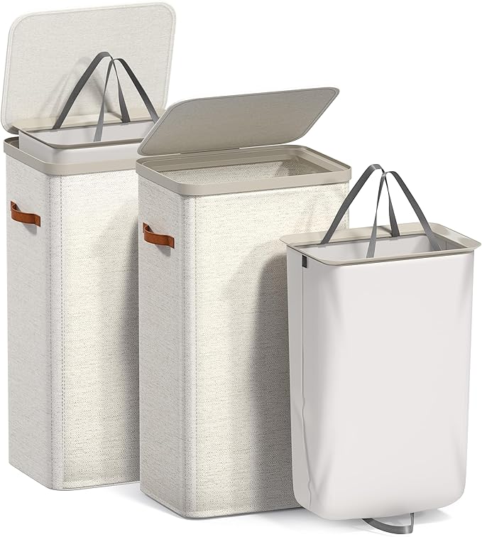 Sorbus Laundry Hamper with Lid – Collapsible Fabric Laundry Basket with Handles and Removable Laundry Bag – 26.5 Gallon (100 L) Dirty Clothes Hamper for Bedroom, bathroom and dorm - 2 Pack (Beige)