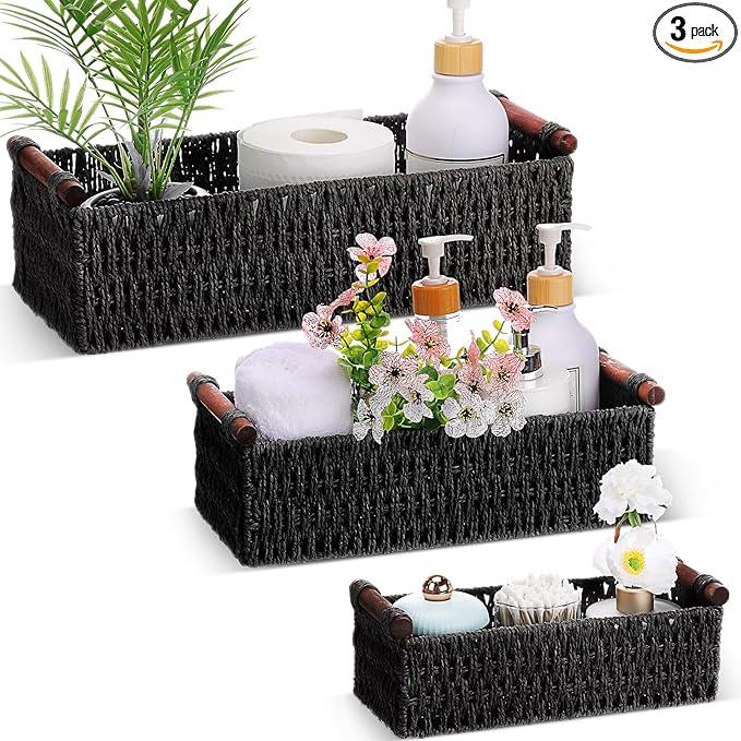Boao 3 Pcs Boho Storage Wicker Baskets Handmade Woven Decorative Paper Rope Baskets for Organizing with Handle Countertop Toilet Paper Storage Container for Toilet Tank Top(Black,Rectangle)