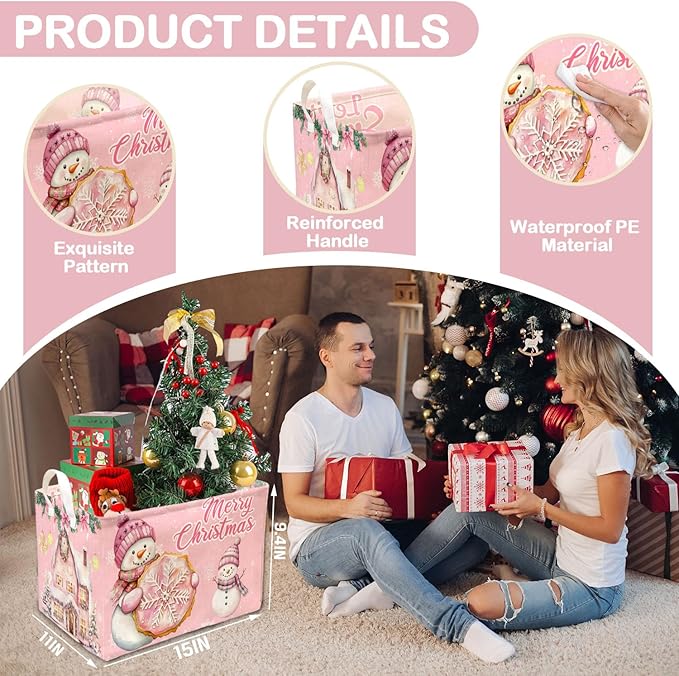 1 Pcs Pink Christmas Theme Storage Basket, Merry Christmas Storage Boxes, Foldable Snowman Decor Storage Boxes, for Family Bedroom Toy Clothing Storage, Xmas Party Decor Gifts