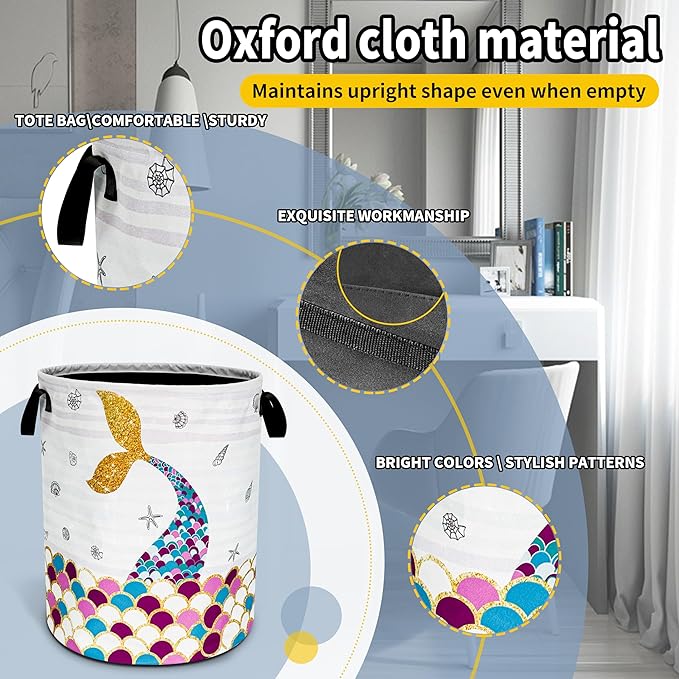 Mermaid Scales Tail Laundry Basket Foldable Oxford Cloth Funny Tote Bag Laundry Hamper Clothes Storage Bucket Toy Organizer For Bathroom/Laundry Storage/Bedroom 18.9x16.5 Inch