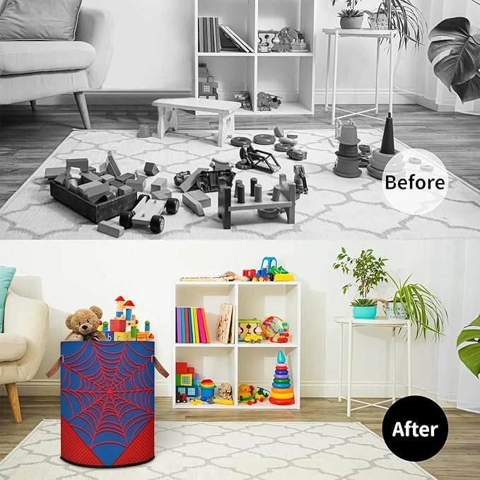 Large Laundry Hamper Basket Blue Spider Web Round Collapsible Storage Organizer Bin for Kids Room, Boys, Nursery, Closet, Bedroom, Playroom, Toys, Dirty Clothes, 16"W x 20"H